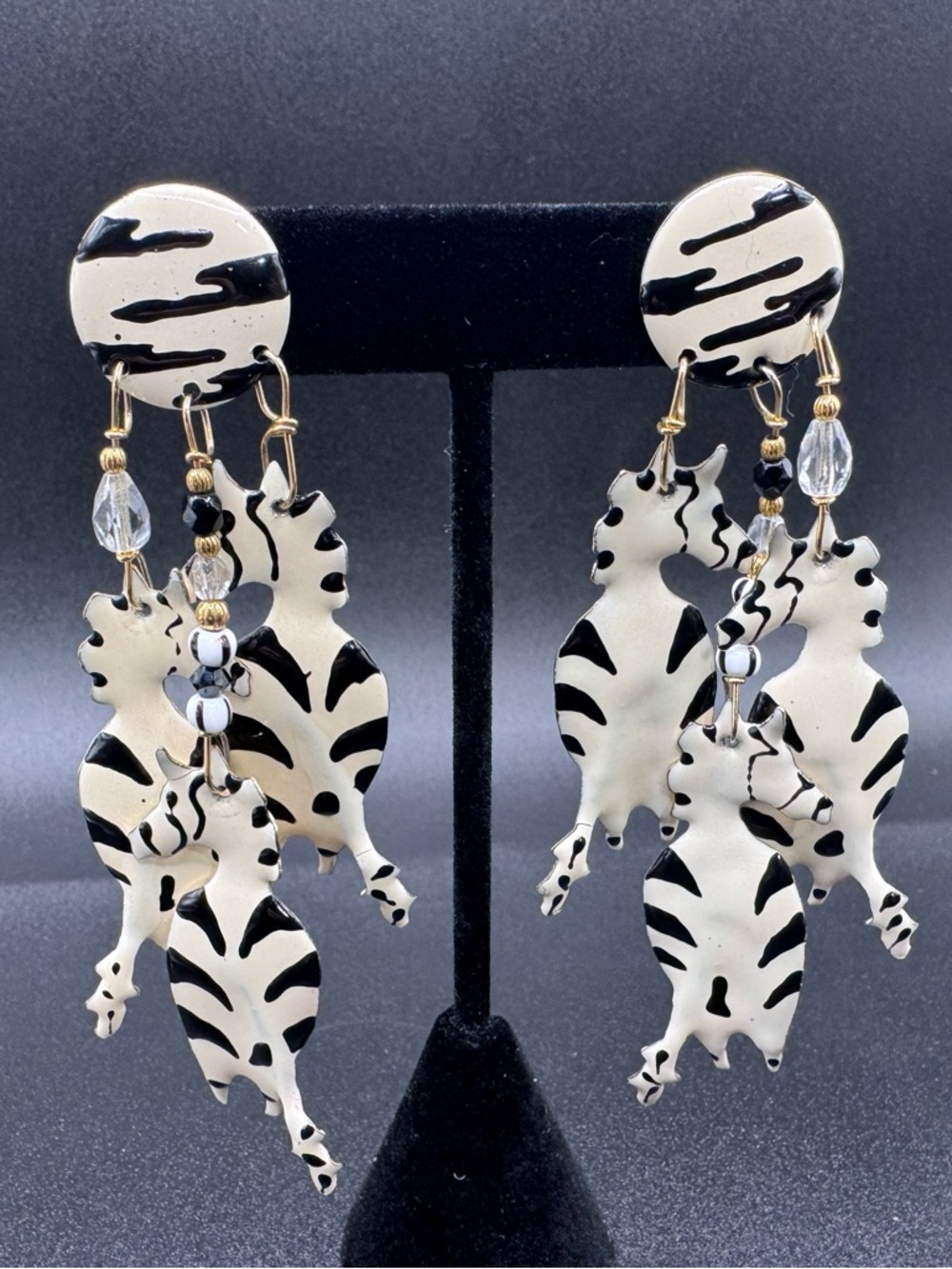 Lunch At The Ritz Zebra Enamel Crystal Gold Tone Animal Dangle Pierced Earrings